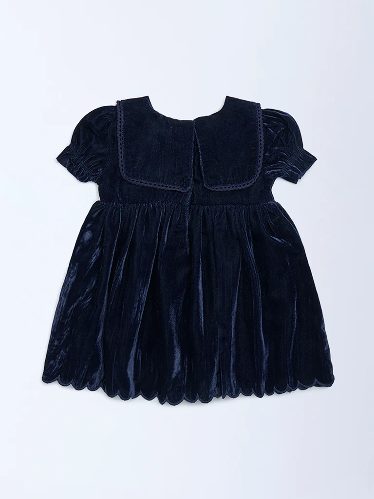 HOP Baby Girls Navy Fit-And-Flare Velvet Dress - Image 3