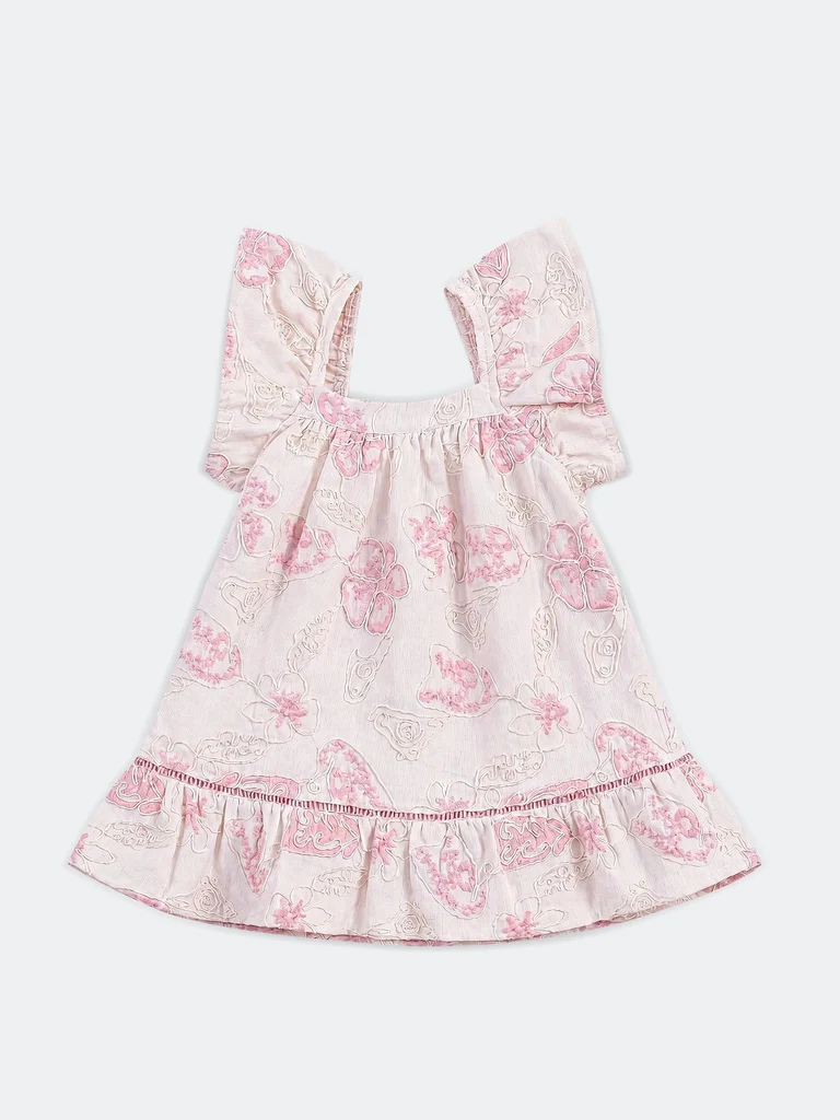 HOP Baby Girls Off-White Cotton-Blend Embroidered Dress