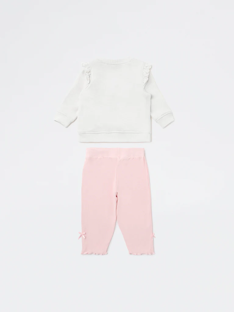 HOP Baby Girls Off-White Cotton-Blend T-Shirt and Pants Set - Image 3