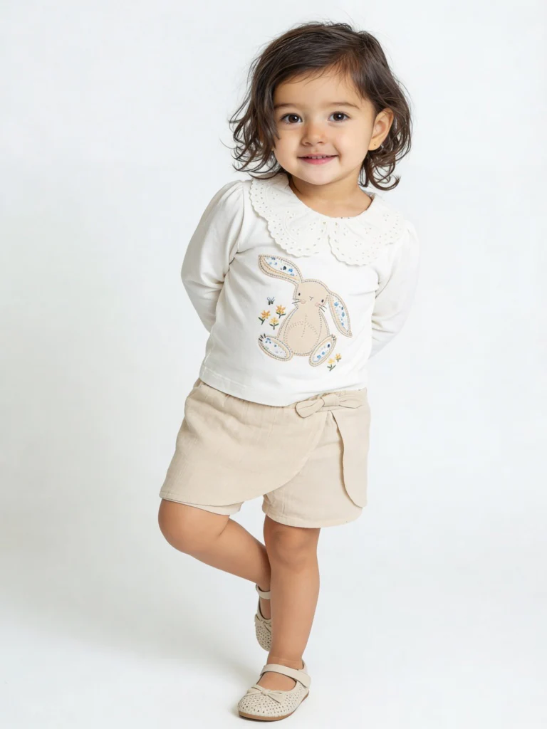 HOP Baby Girls Off-White Cotton-Blend Top with Shorts Set