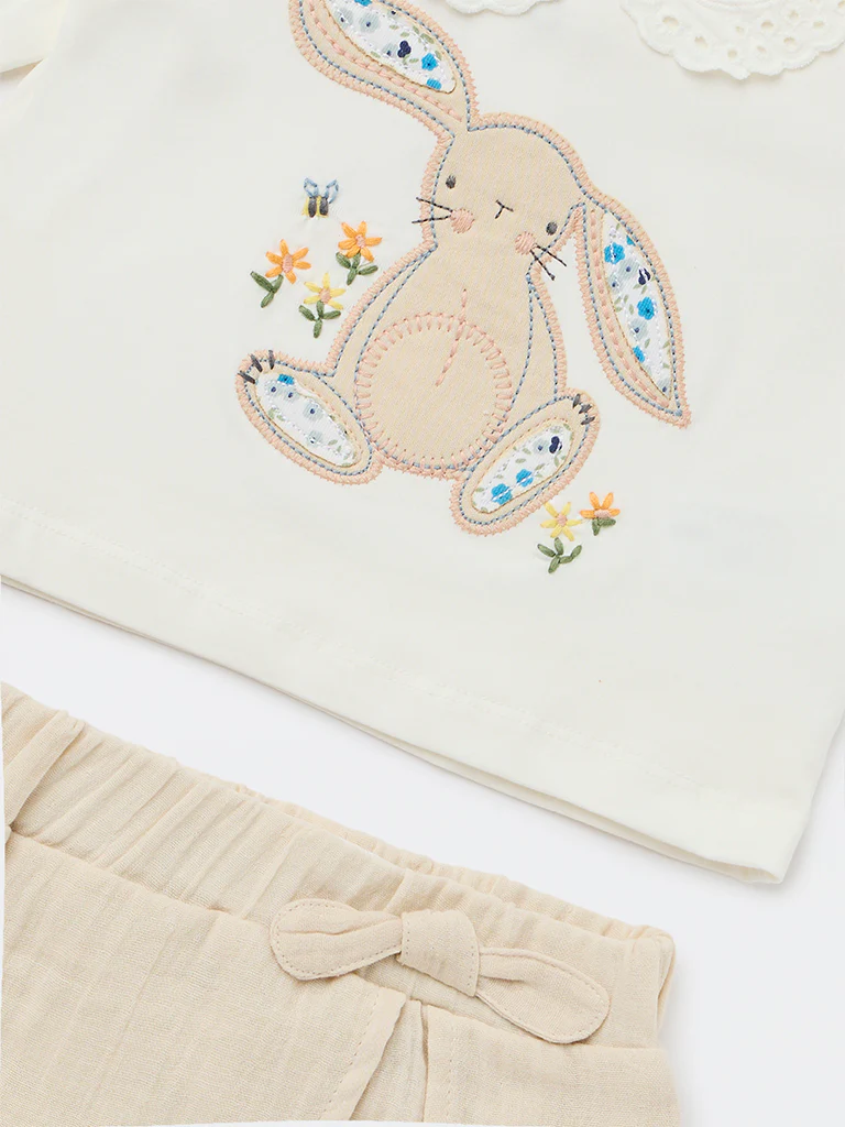 HOP Baby Girls Off-White Cotton-Blend Top with Shorts Set - Image 4