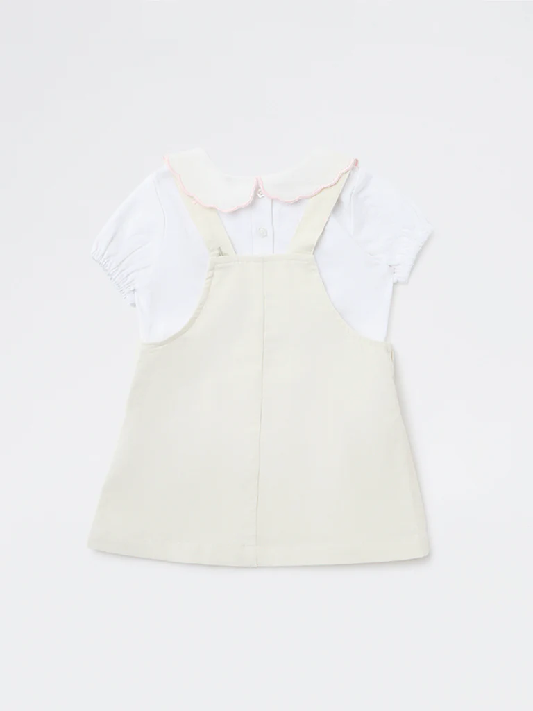 HOP Baby Girls Off-White Cotton T-Shirt and Pinafore Set - Image 3
