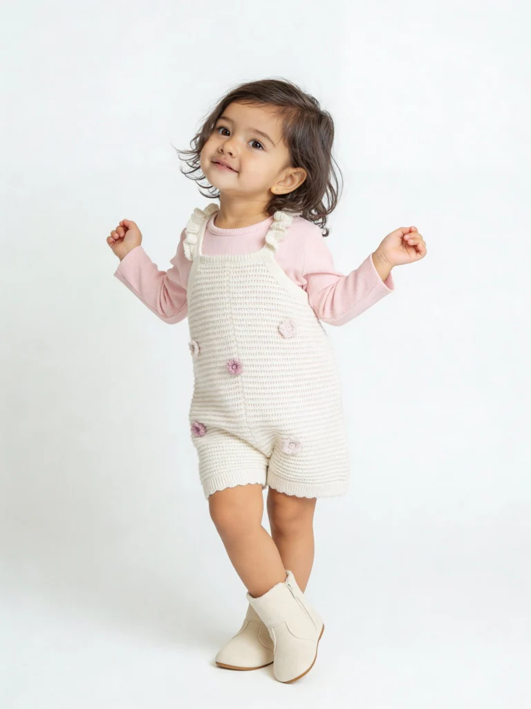 HOP Baby Girls Off-White Crochet Knit Cotton T-Shirt and Dungaree Set
