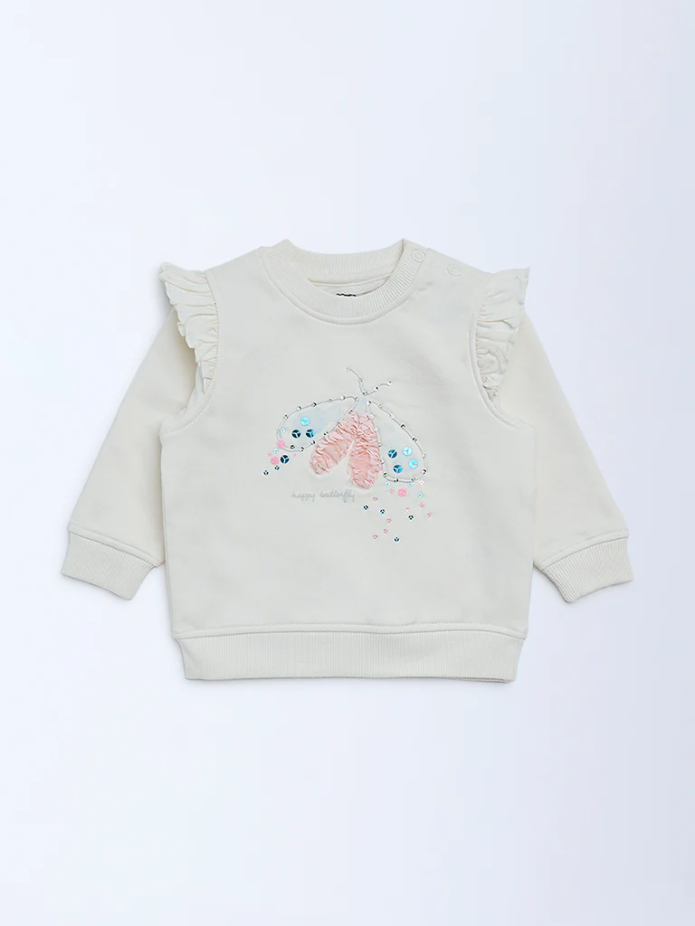 HOP Baby Girls Off-White Embellished Cotton-Blend Sweatshirt - Image 2