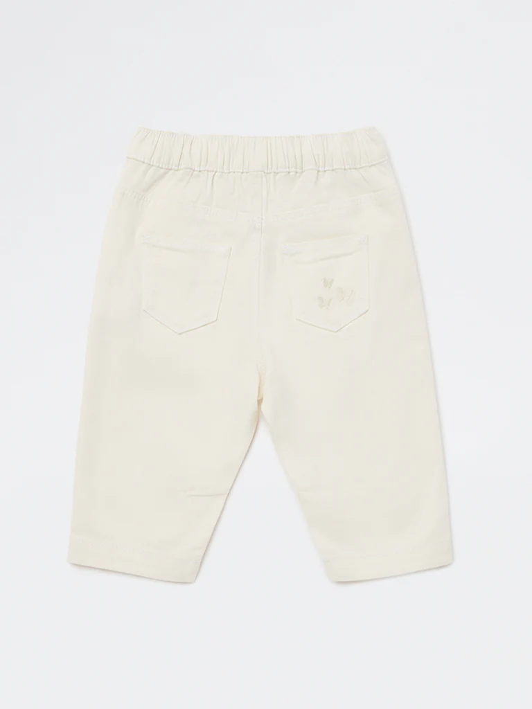 HOP Baby Girls Off-White Embroidered High-Rise Cotton-Blend Trousers - Image 3