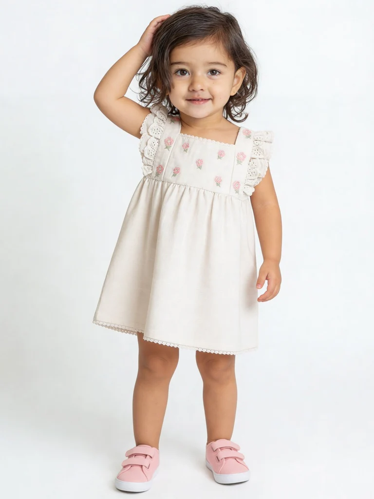 HOP Baby Girls Off-White Floral Embroidered Cotton-Blend Dress