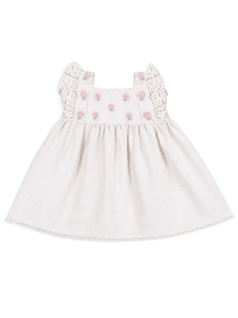 HOP Baby Girls Off-White Floral Embroidered Cotton-Blend Dress - Image 2
