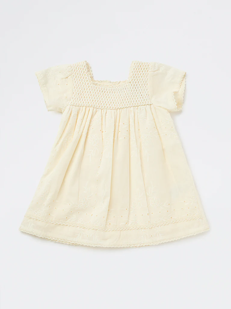HOP Baby Girls Off-White Knit-Textured Cotton A-Line Dress - Image 2