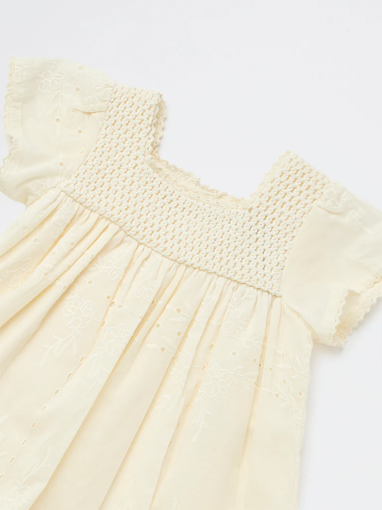 HOP Baby Girls Off-White Knit-Textured Cotton A-Line Dress - Image 4