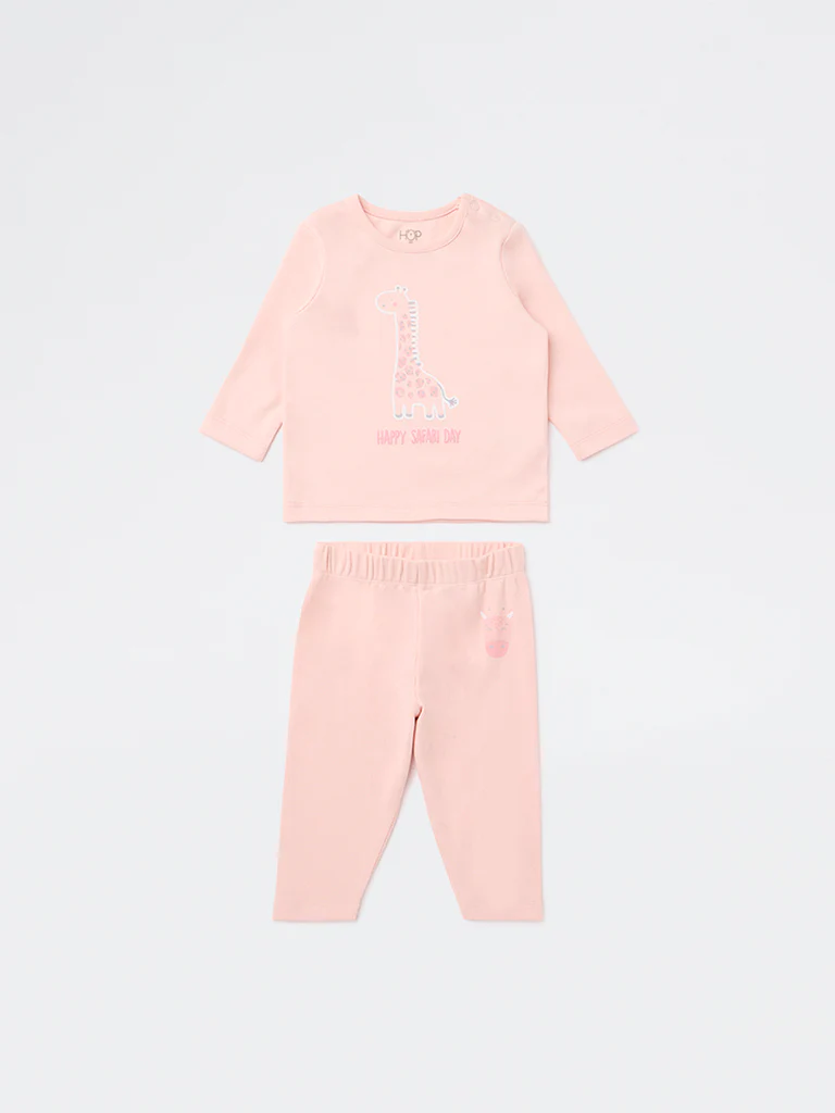 HOP Baby Girls Peach Animal Pattern Cotton T-Shirt and Pant Set - Image 2