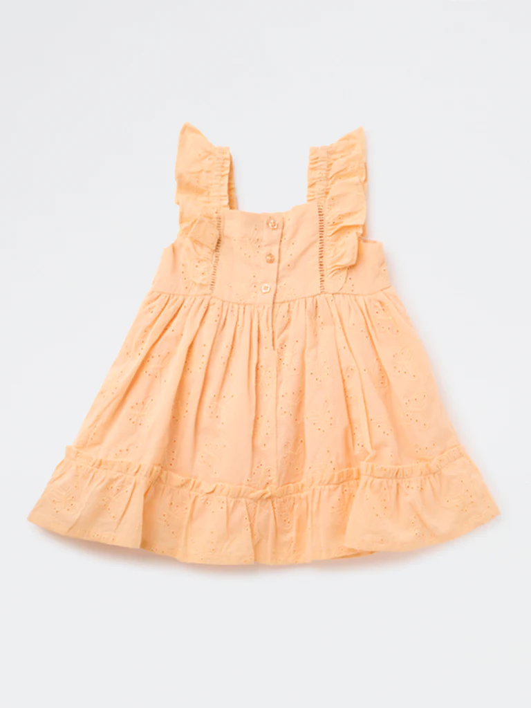 HOP Baby Girls Peach Embroidered Fit-and-Flare Cotton Dress - Image 2