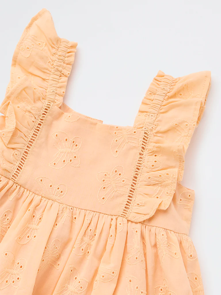 HOP Baby Girls Peach Embroidered Fit-and-Flare Cotton Dress - Image 3