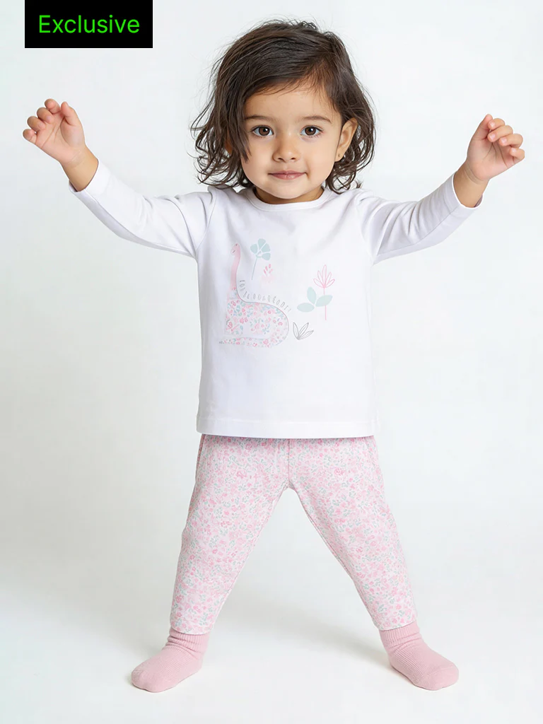 HOP Baby Girls Pink Animal Design Cotton Co-ord Set - Exclusive