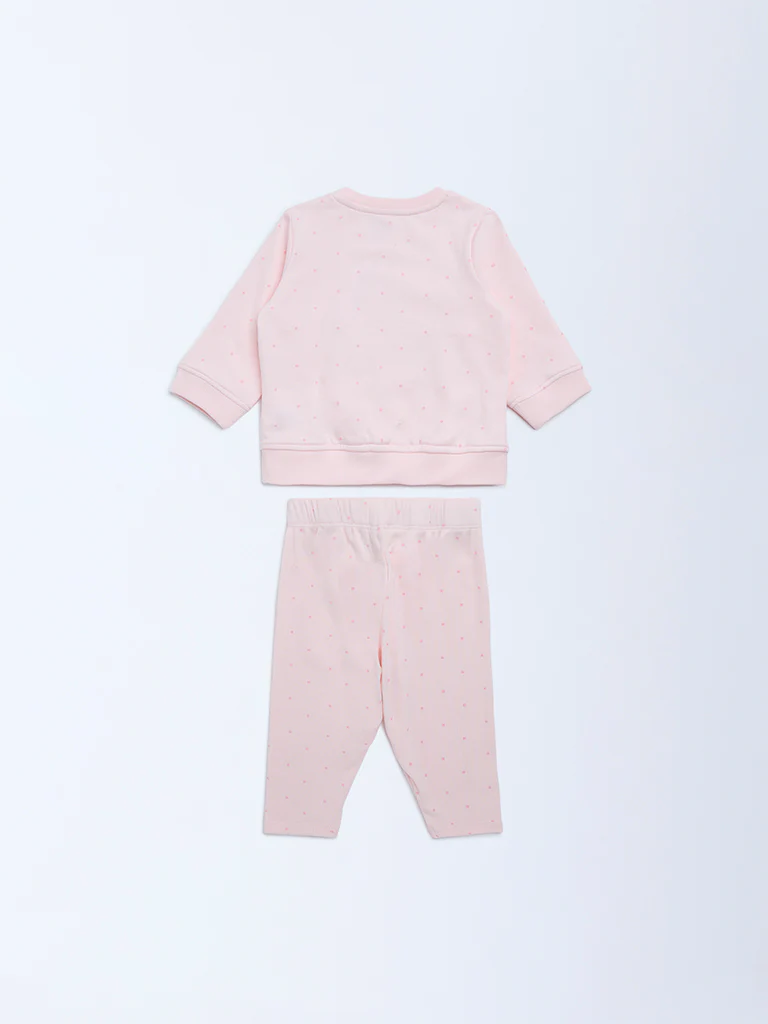 HOP Baby Girls Pink Animal Design Cotton Sweatshirt and Pants Set - Image 3