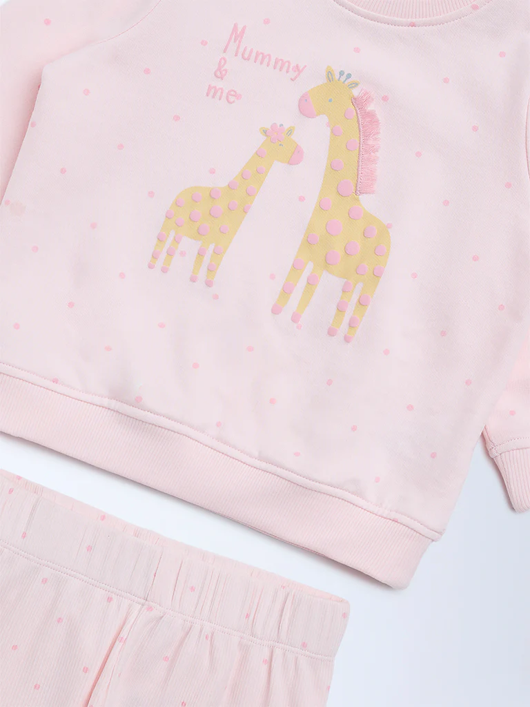HOP Baby Girls Pink Animal Design Cotton Sweatshirt and Pants Set - Image 4