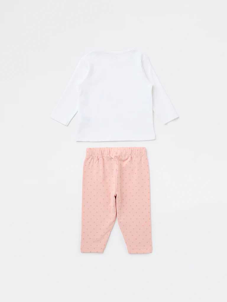 HOP Baby Girls Pink Bunny Printed Cotton T-Shirt and Pants Set - Image 3