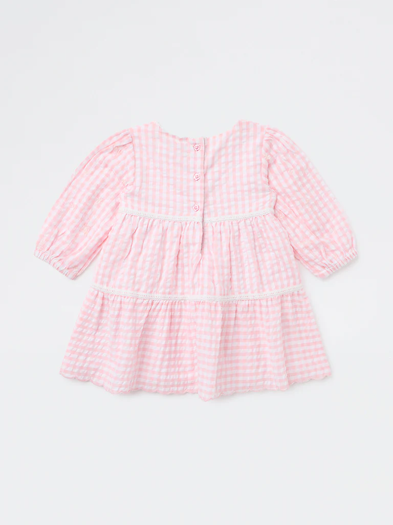 HOP Baby Girls Pink Checkered Tiered Cotton Dress - Image 3