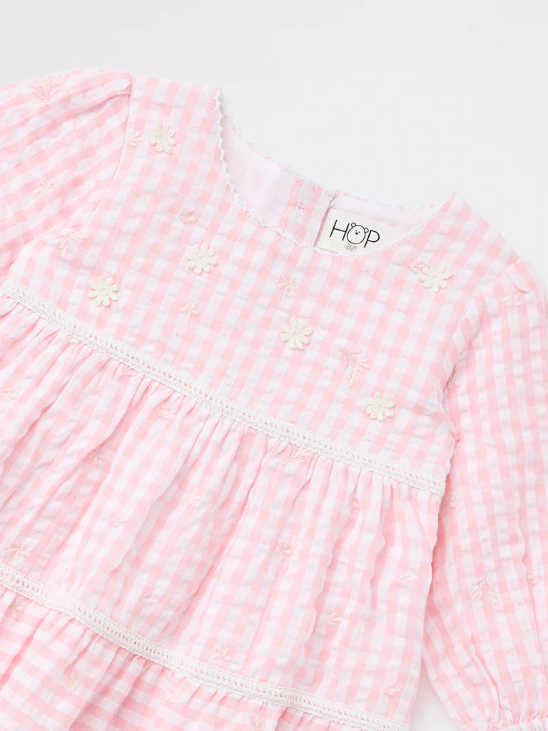 HOP Baby Girls Pink Checkered Tiered Cotton Dress - Image 4