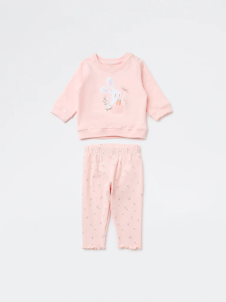 HOP Baby Girls Pink Cotton-Blend Sweatshirt and Pants Set - Image 2