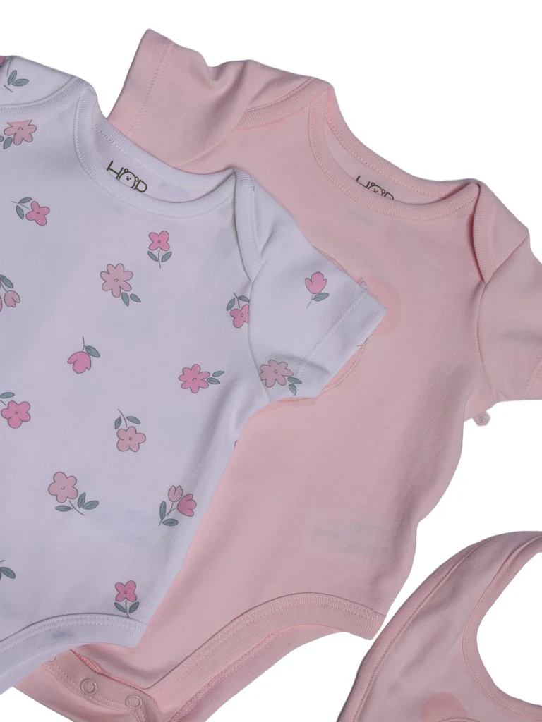 HOP Baby Girls Pink Cotton Romper with Bib - Pack of 3 - Image 5