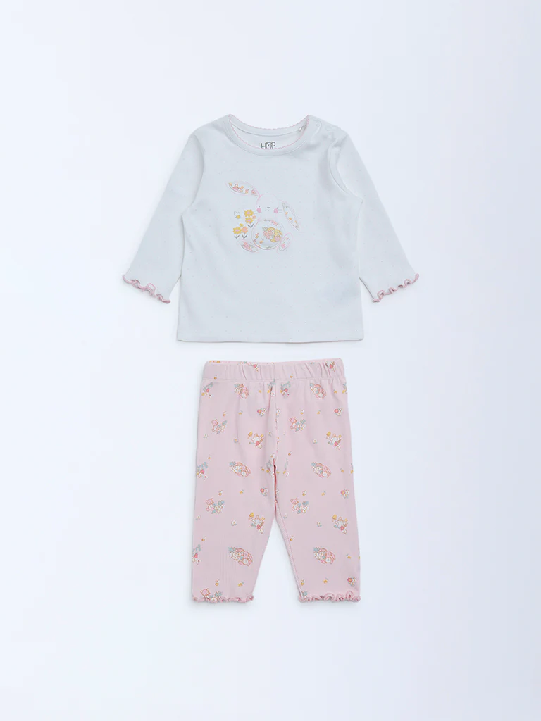 HOP Baby Girls Pink Cotton T-Shirt and Pants Set - Image 2