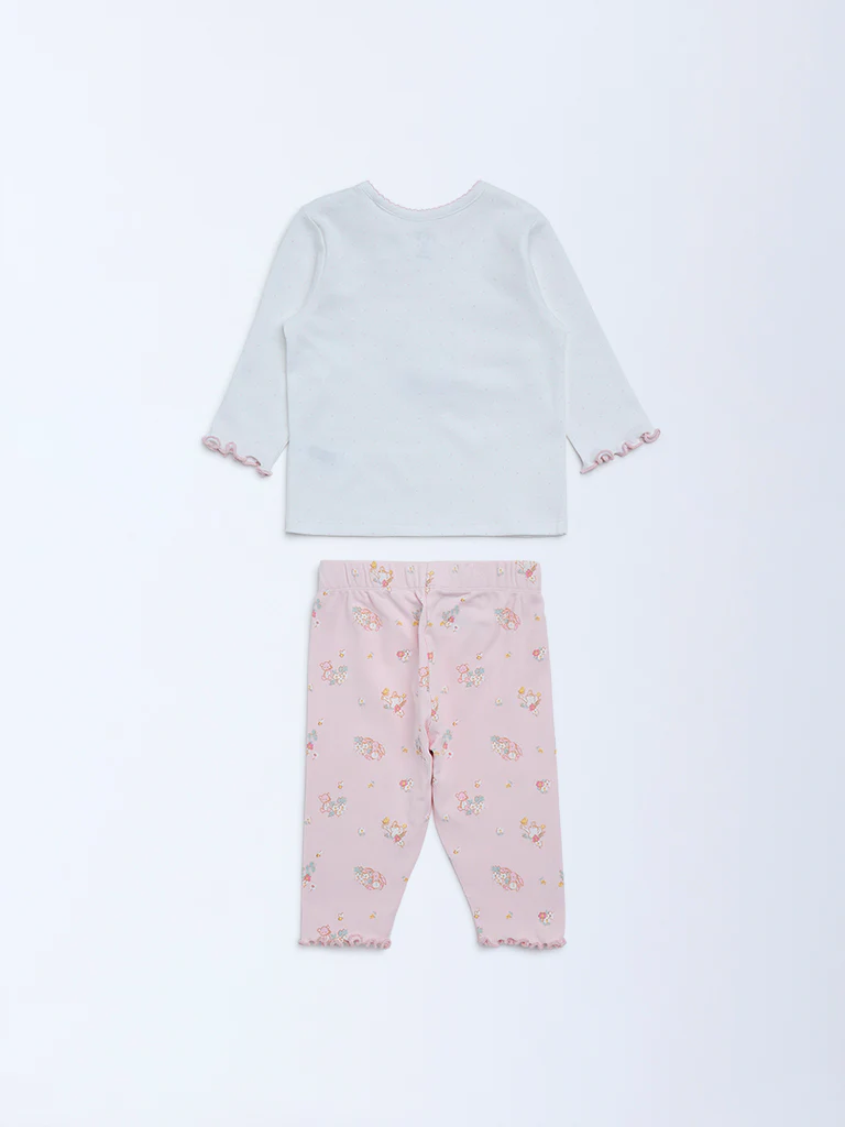 HOP Baby Girls Pink Cotton T-Shirt and Pants Set - Image 3