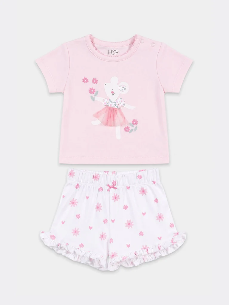 HOP Baby Girls Pink Cotton Top and Shorts Set