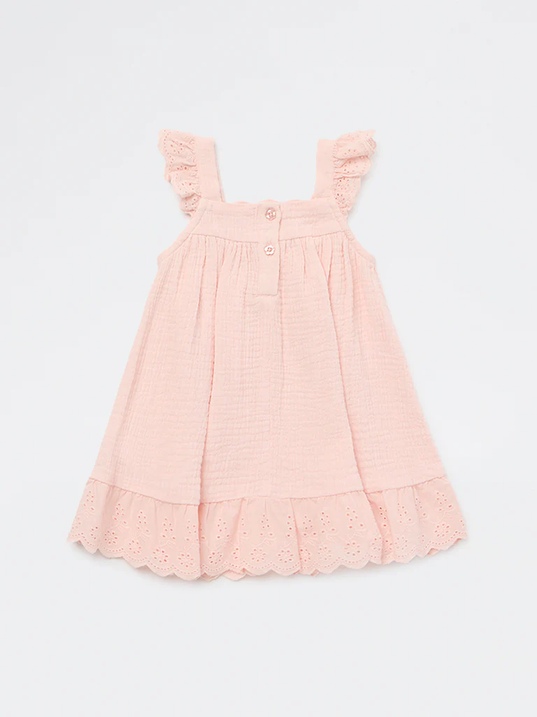 HOP Baby Girls Pink Crinkle Texture A-Line Cotton Dress - Image 2