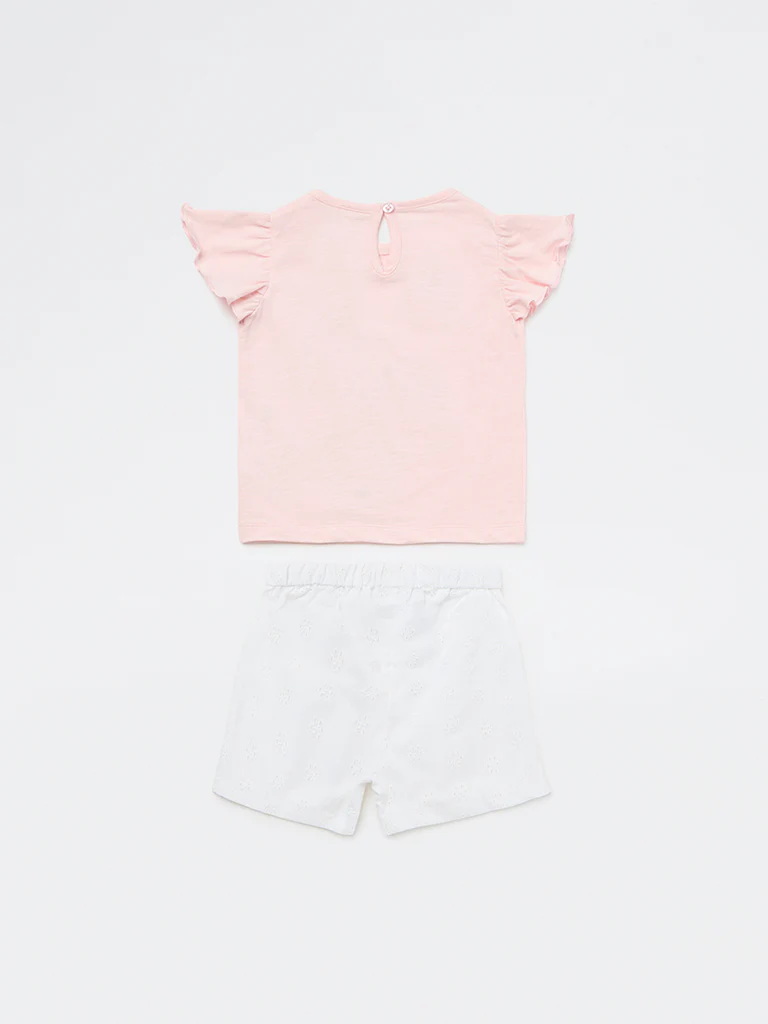 HOP Baby Girls Pink Design Cotton Top and Shorts Set - Image 2