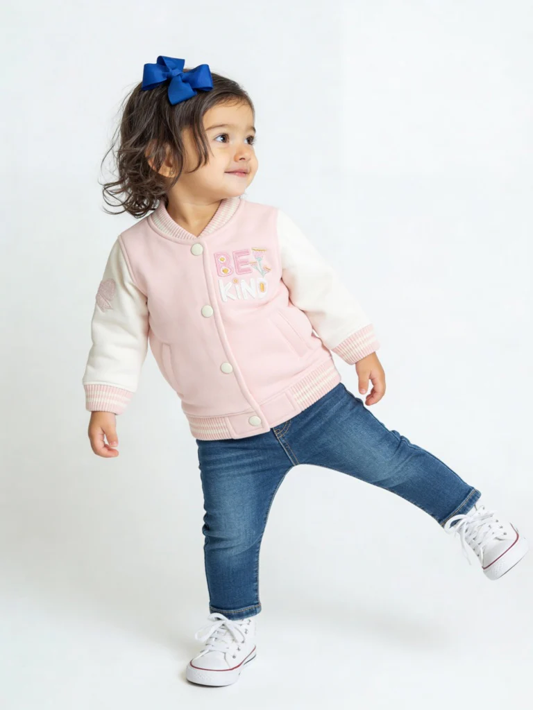 HOP Baby Girls Pink Embroidered Cotton-Blend Varsity Jacket
