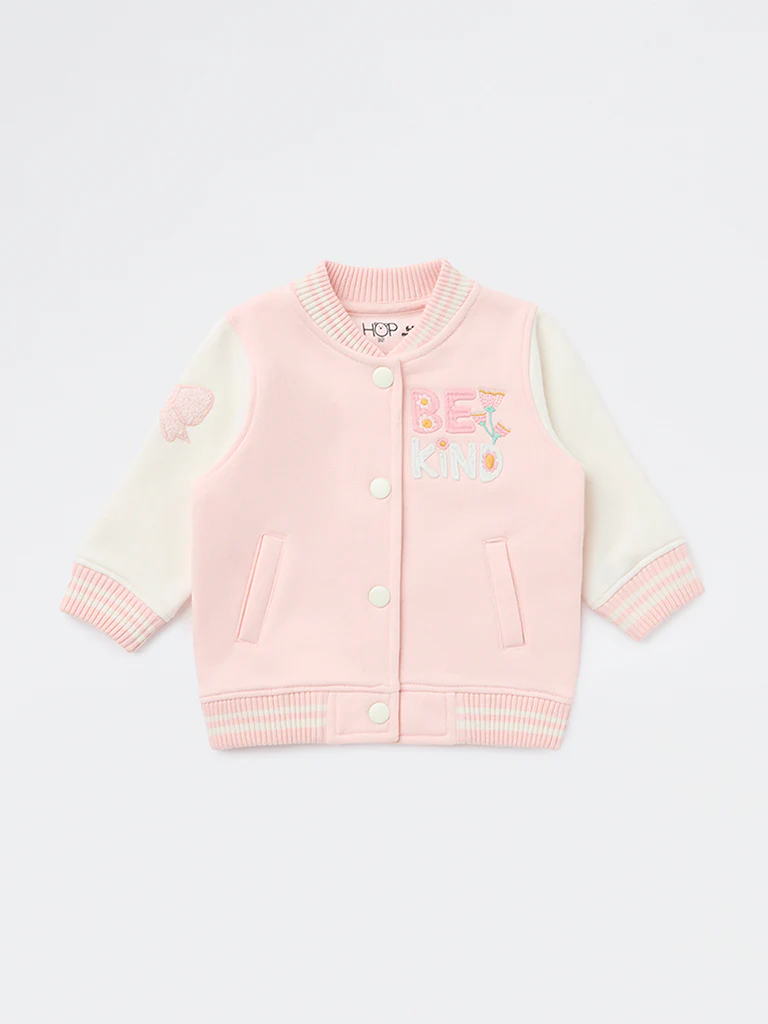 HOP Baby Girls Pink Embroidered Cotton-Blend Varsity Jacket - Image 2