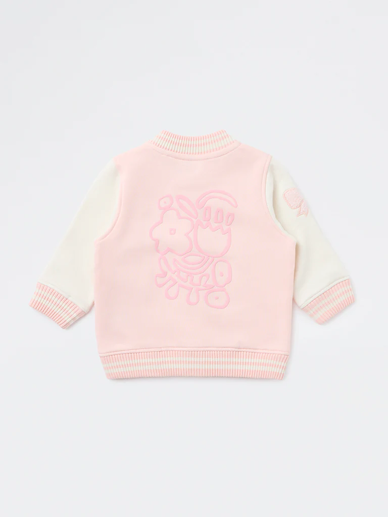 HOP Baby Girls Pink Embroidered Cotton-Blend Varsity Jacket - Image 3