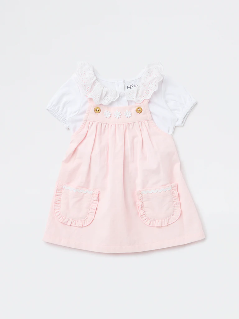 HOP Baby Girls Pink Embroidered Cotton T-Shirt and Pinafore Set - Image 2