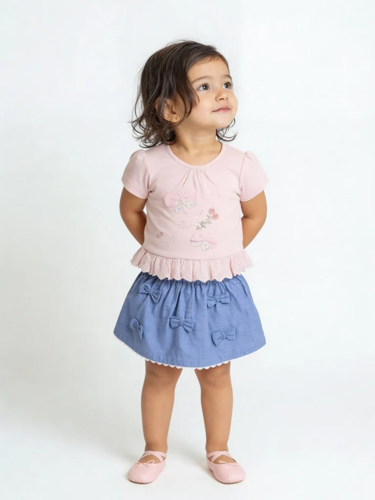 HOP Baby Girls Pink Embroidered Cotton Top and Skirt Set
