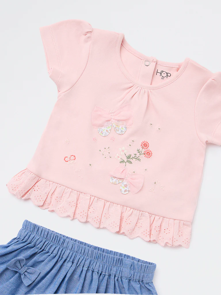 HOP Baby Girls Pink Embroidered Cotton Top and Skirt Set - Image 4