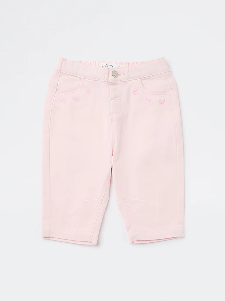 HOP Baby Girls Pink Embroidered High-Rise Cotton-Blend Trousers - Image 3