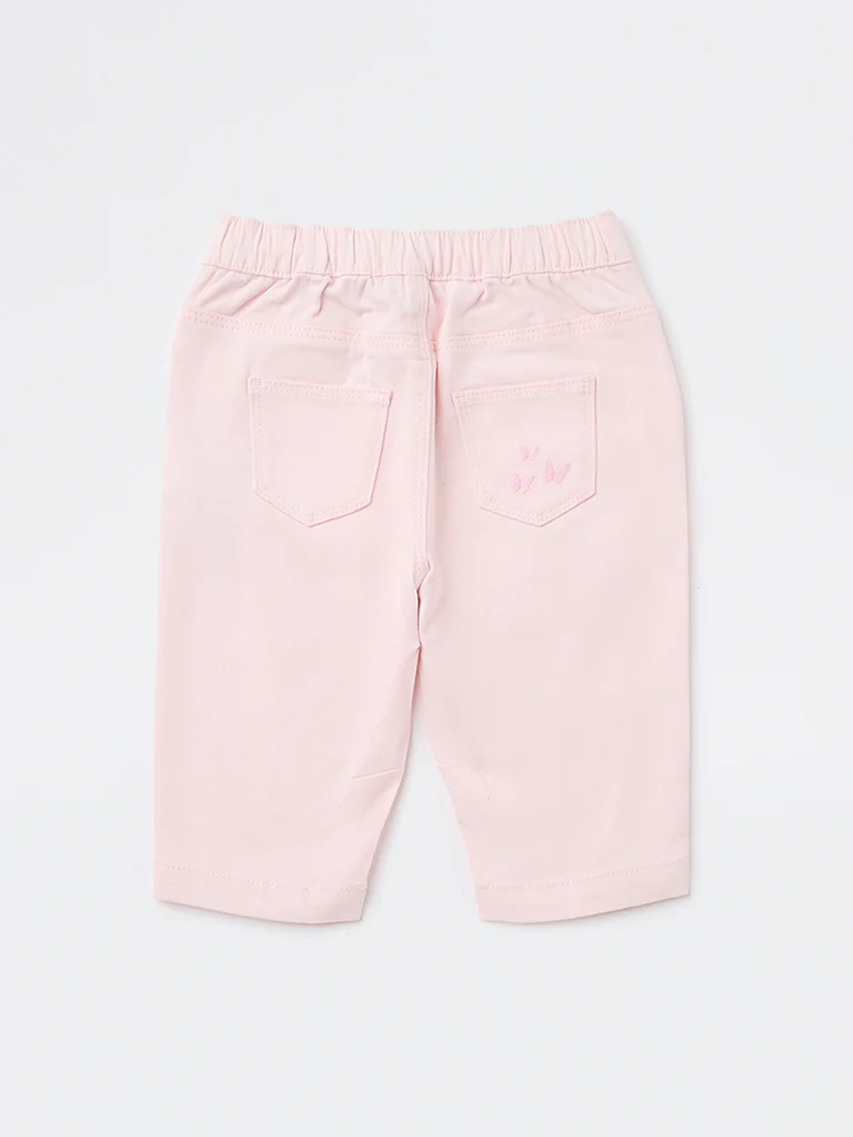 HOP Baby Girls Pink Embroidered High-Rise Cotton-Blend Trousers - Image 4