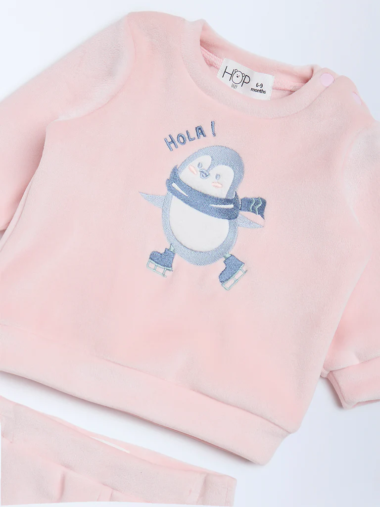 HOP Baby Girls Pink Embroidered Sweatshirt and Pants Set - Image 4