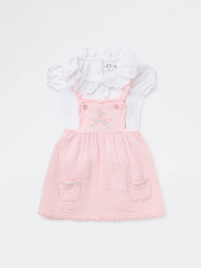 HOP Baby Girls Pink Floral Cotton Pinafore with T-Shirt Set - Image 2