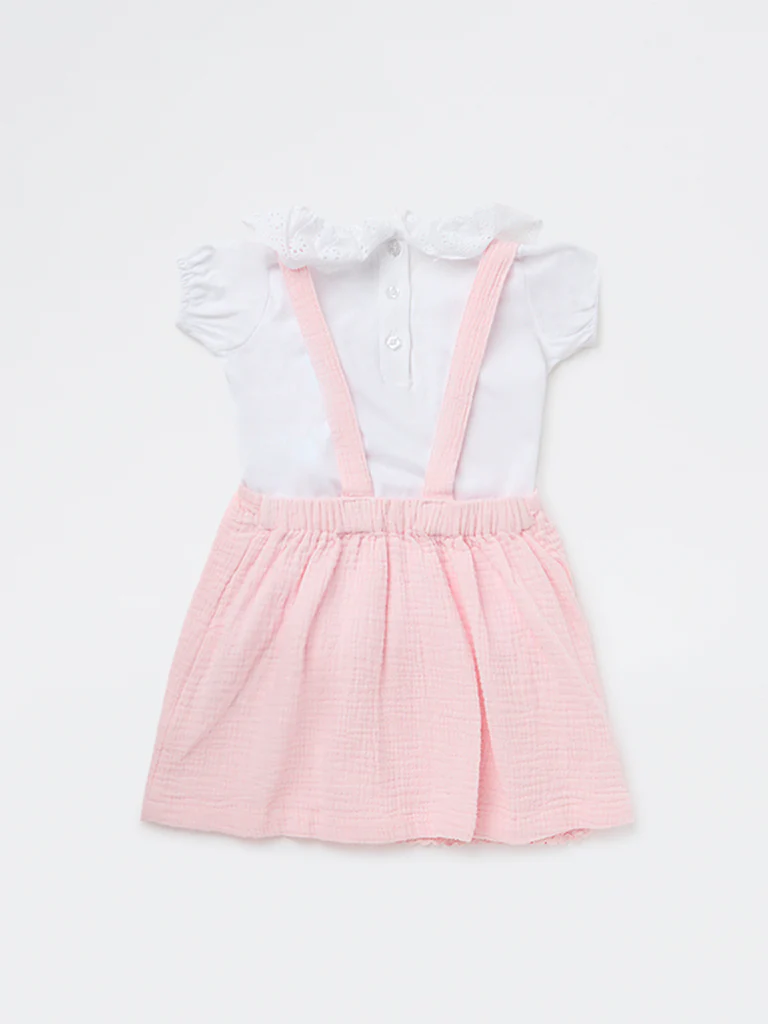 HOP Baby Girls Pink Floral Cotton Pinafore with T-Shirt Set - Image 3