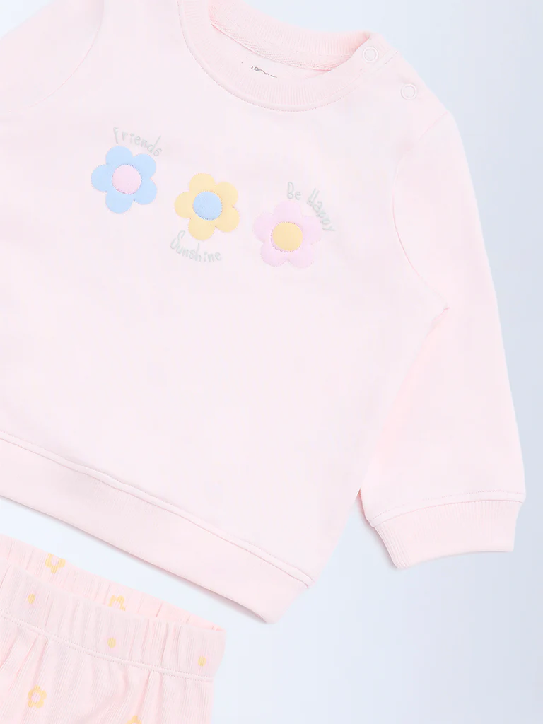 HOP Baby Girls Pink Floral Cotton Sweatshirt and Pants Set - Image 4