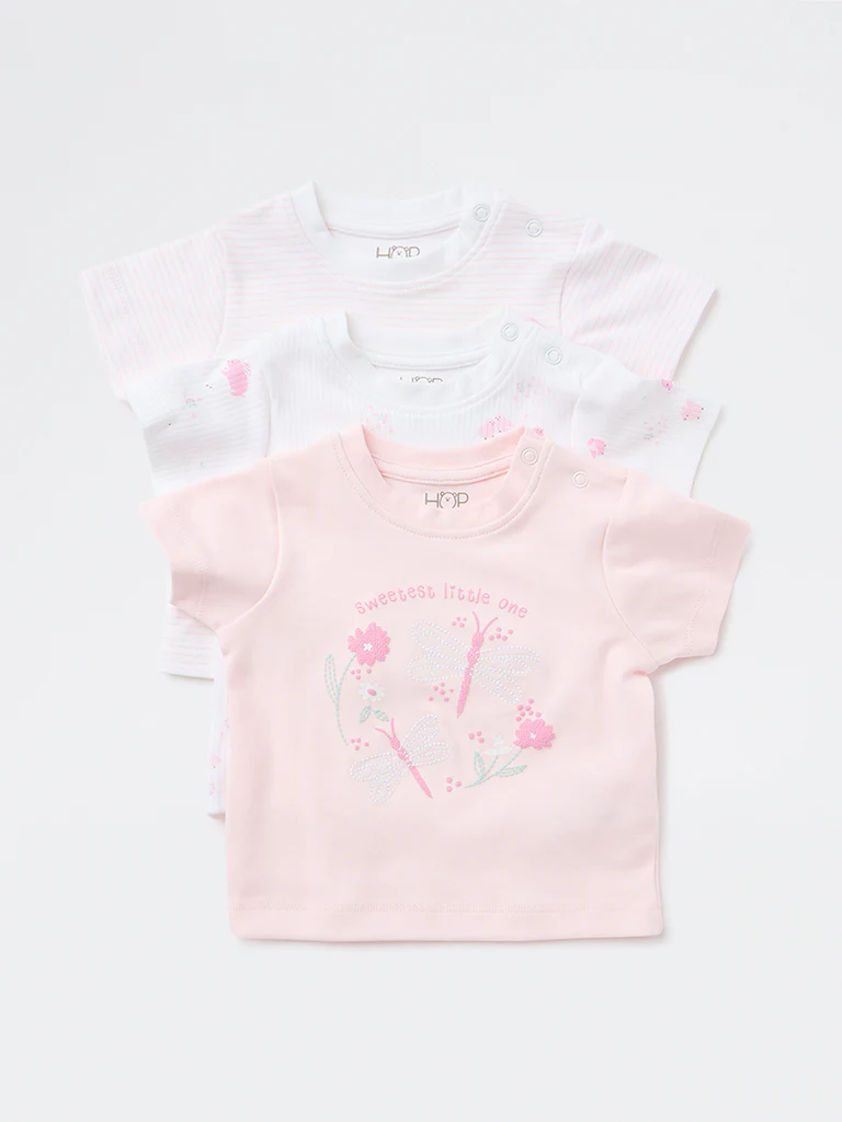 HOP Baby Girls Pink Floral Cotton T-Shirt - Pack of 3