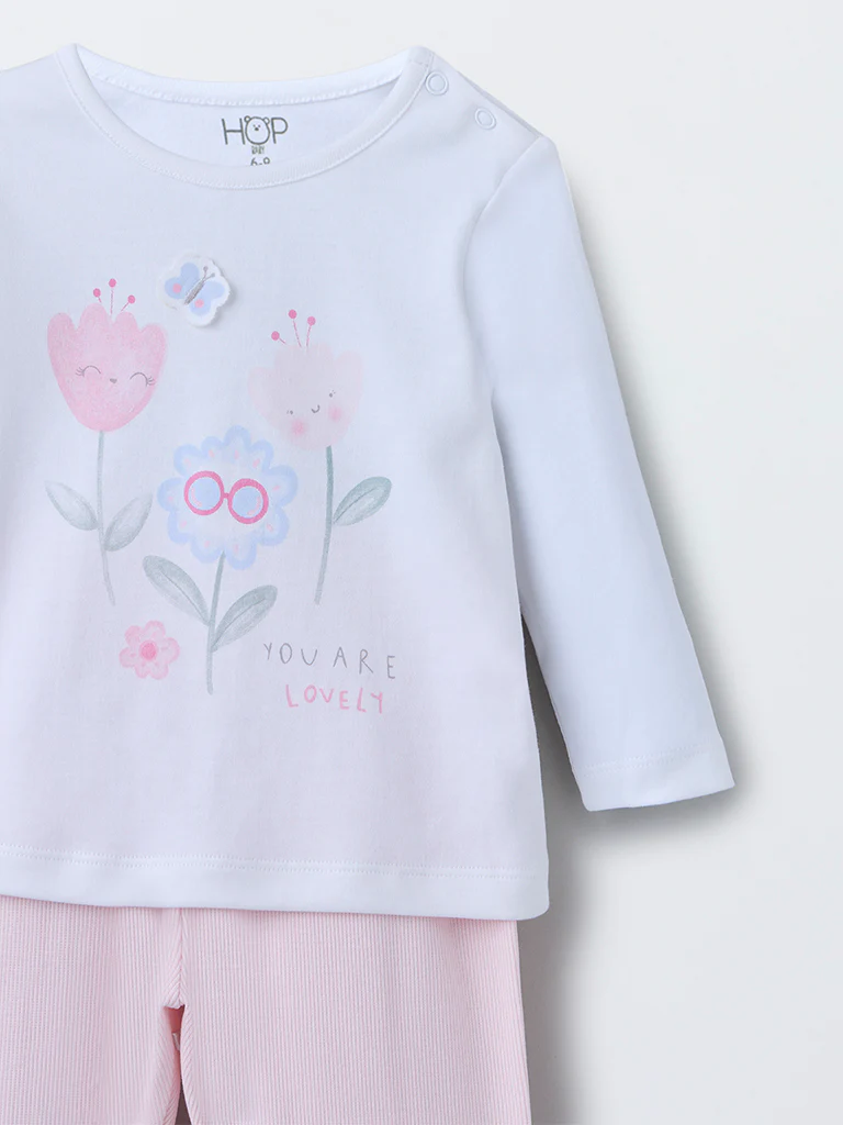 HOP Baby Girls Pink Floral Design Cotton T-Shirt with Pants Set - Image 4