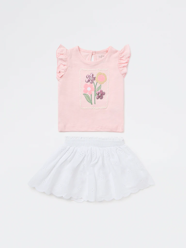 HOP Baby Girls Pink Floral Design Cotton Top and Skirt Set - Image 2