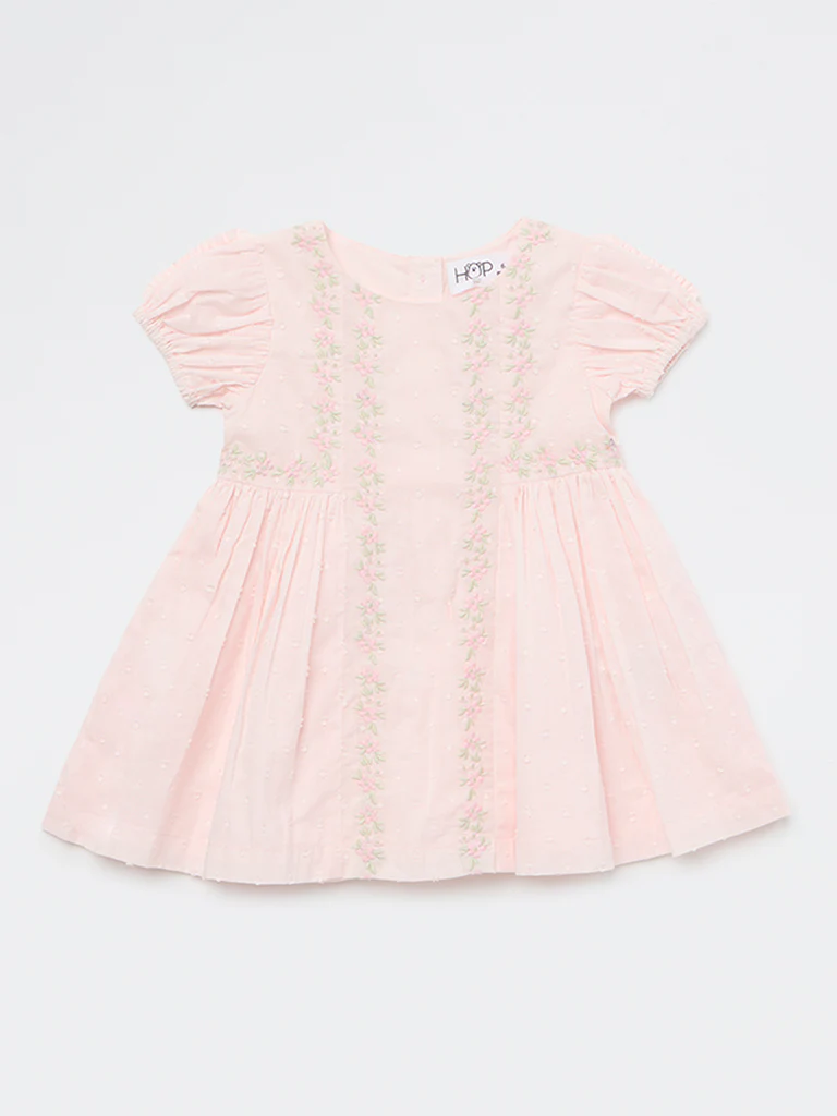 HOP Baby Girls Pink Floral Embroidered A-Line Cotton Dress