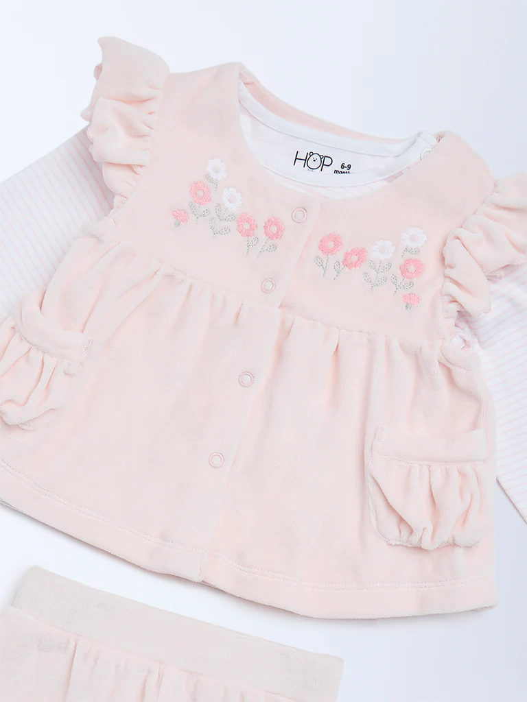 HOP Baby Girls Pink Floral Embroidered Cotton-Blend Top and Pants Set - Image 4