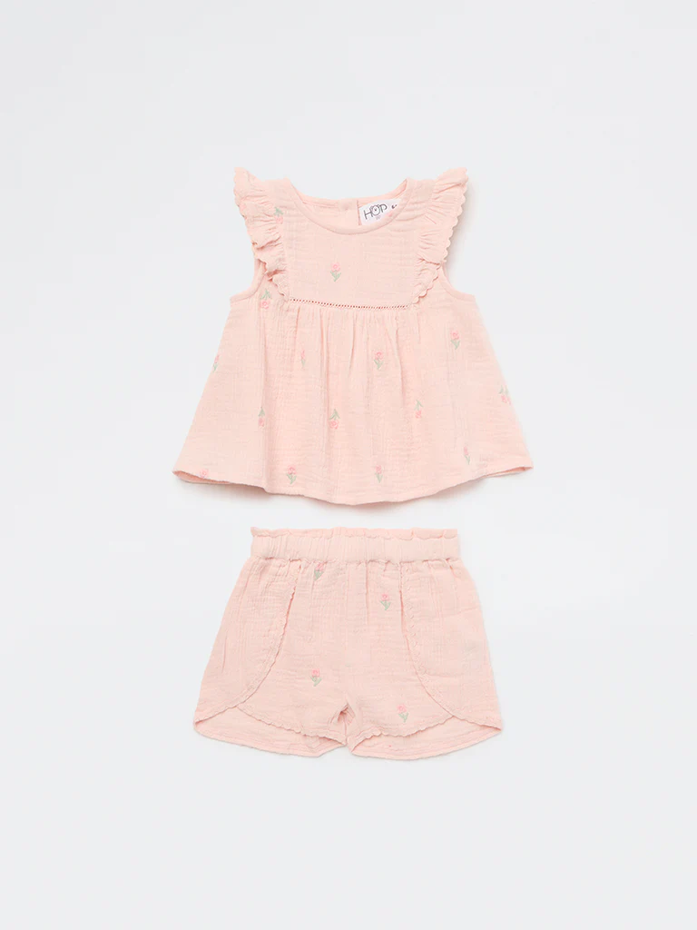 HOP Baby Girls Pink Floral Embroidered Cotton Top and Shorts Set - Image 2