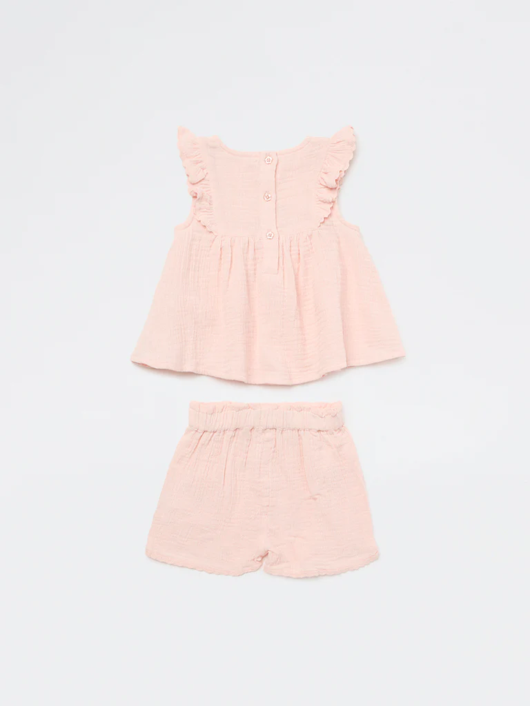 HOP Baby Girls Pink Floral Embroidered Cotton Top and Shorts Set - Image 3