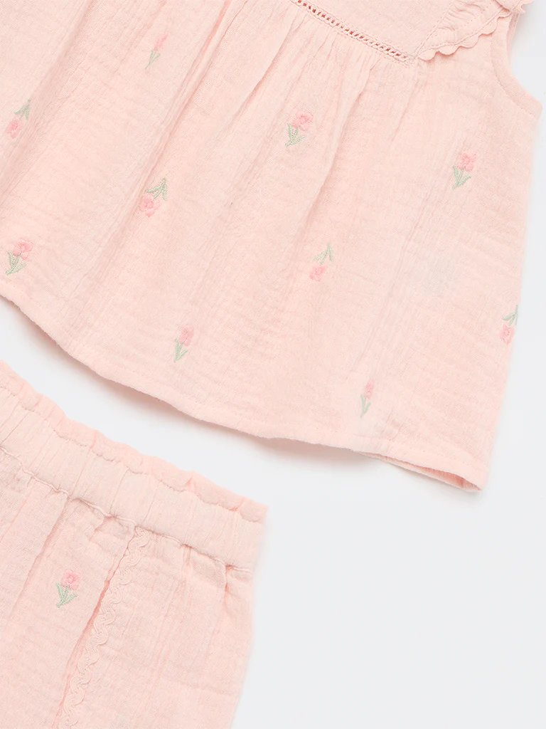 HOP Baby Girls Pink Floral Embroidered Cotton Top and Shorts Set - Image 4