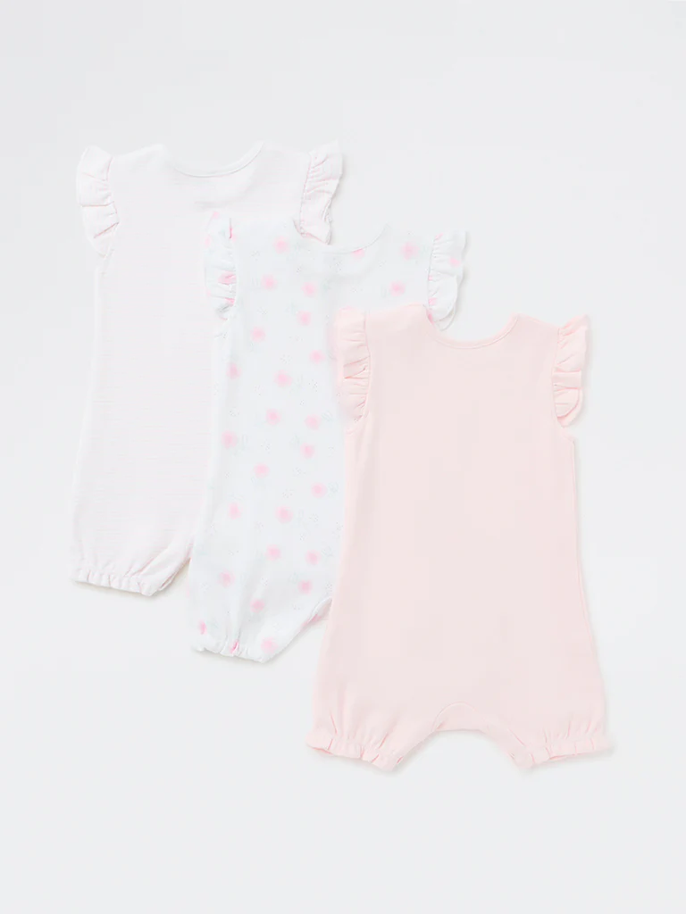 HOP Baby Girls Pink Printed Cotton Romper - Pack of 3 - Image 3